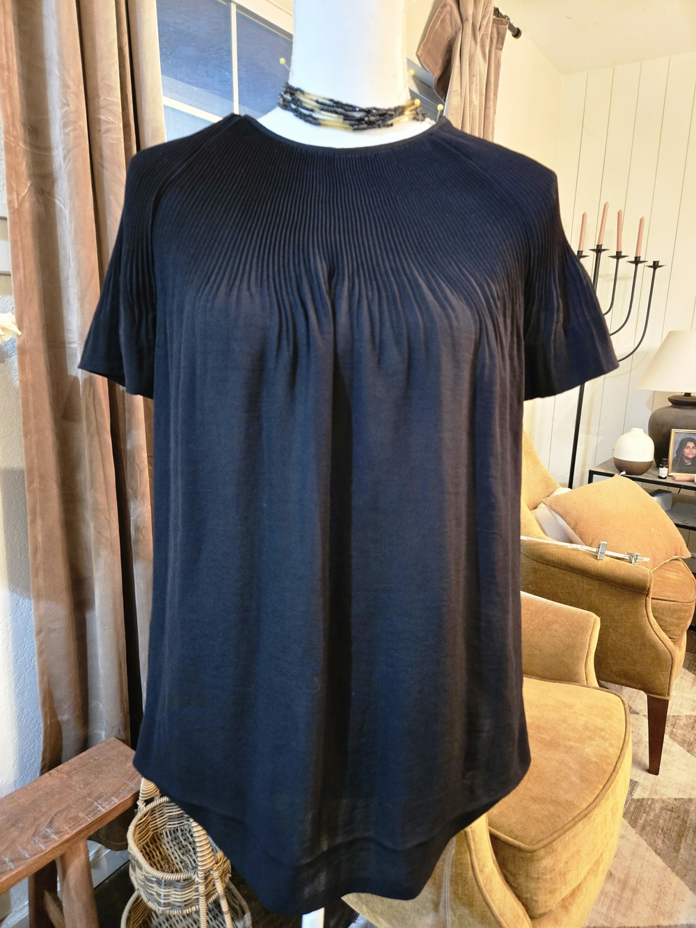 COS Black Pleated-Yoke Short Sleeve Top